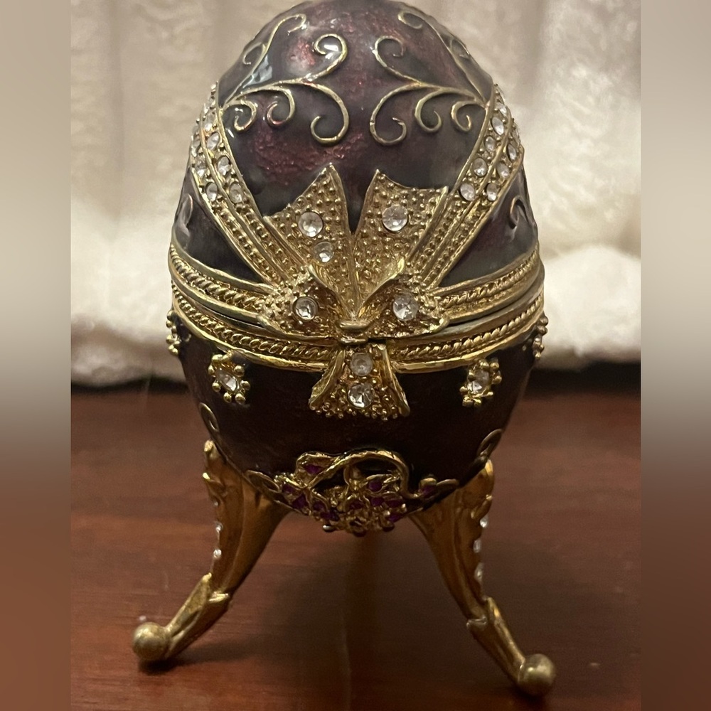 Egg-Shaped Crystal Musical Trinket Box With Lid Purple Gold Floral Jewelry Decor